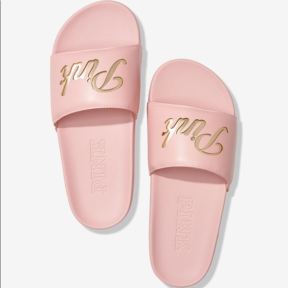 NEW💕VS PINK CHALK ROSE PINK GOLD LOGO SLIDES - Picture 1 of 3